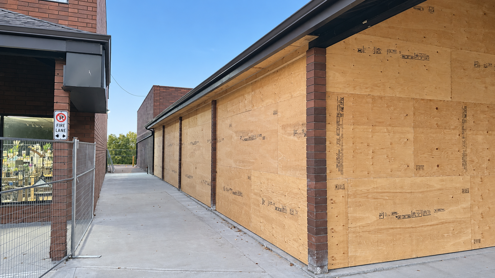Exterior infill framing and plywood sheathing between brick columns